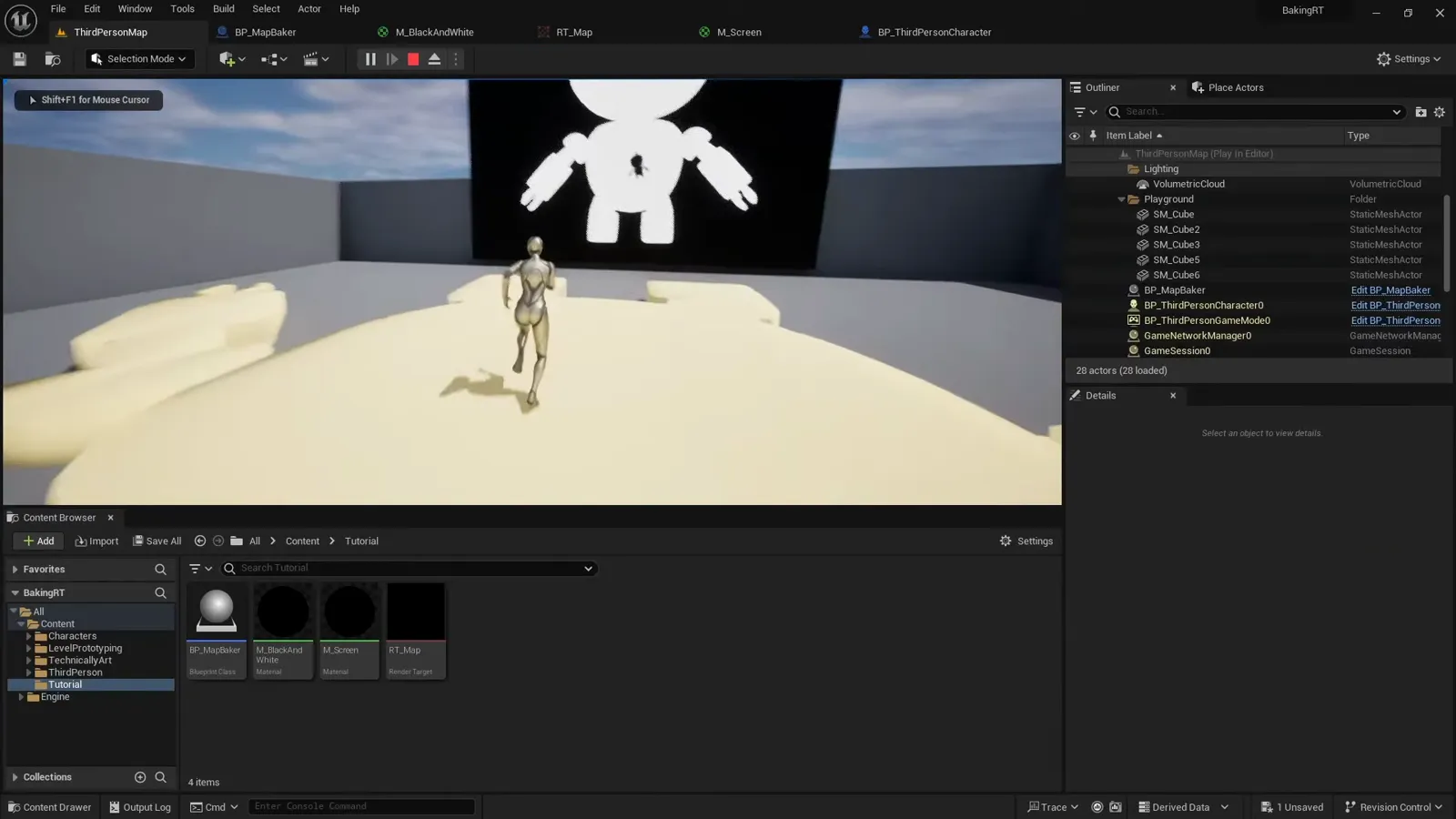 In game: the third person character on the floor with the big screen behind showing the white robot marker on the render target map