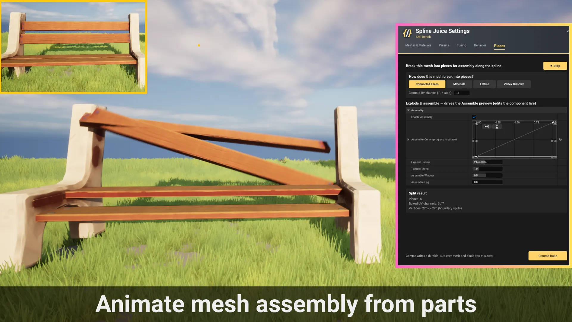 A wooden bench exploding into planks beside the Spline Juice Pieces panel, animating mesh assembly from parts along a spline