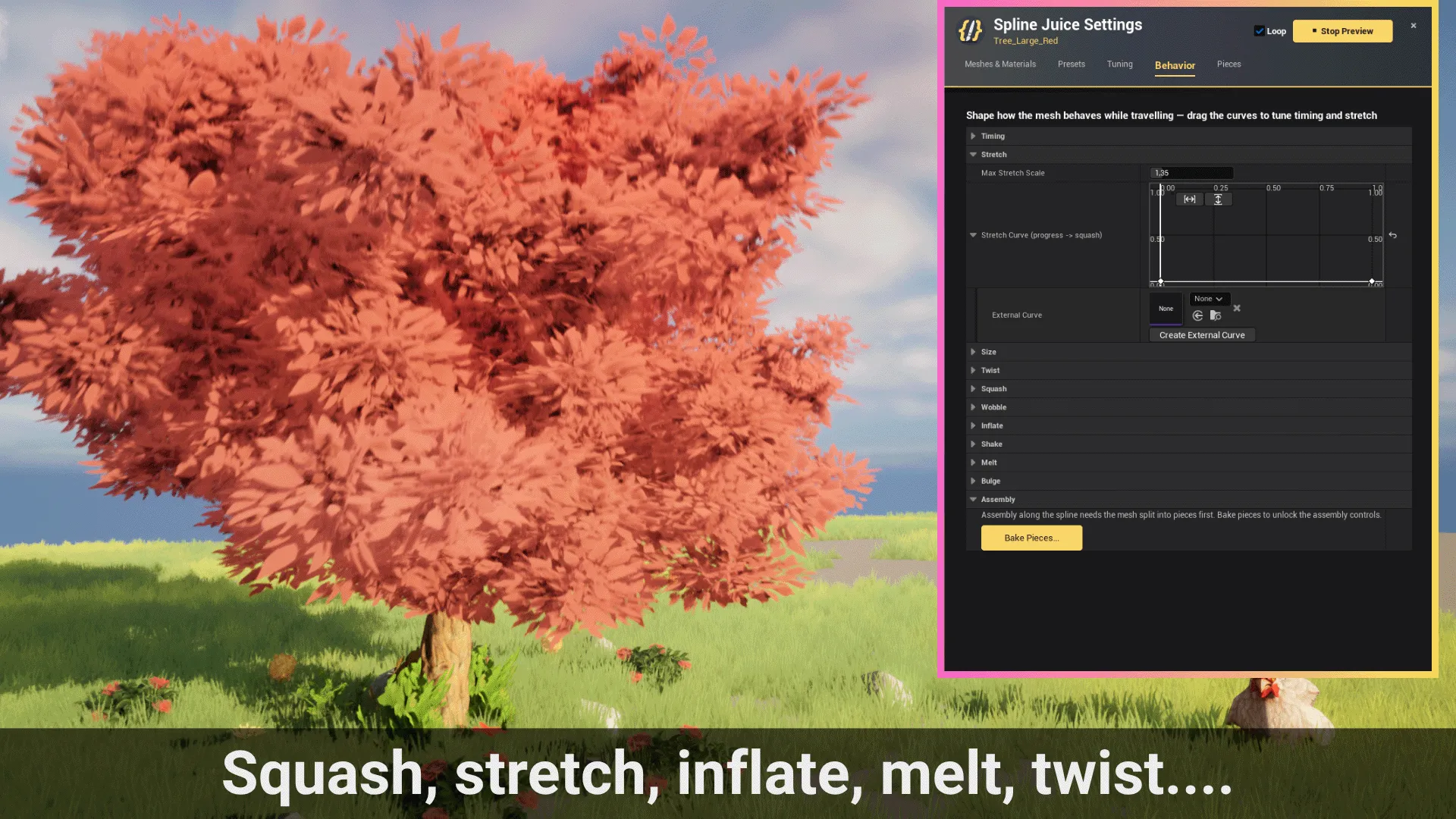 A red tree beside the Spline Juice Behavior panel with editable squash, stretch, inflate, melt, and twist curves