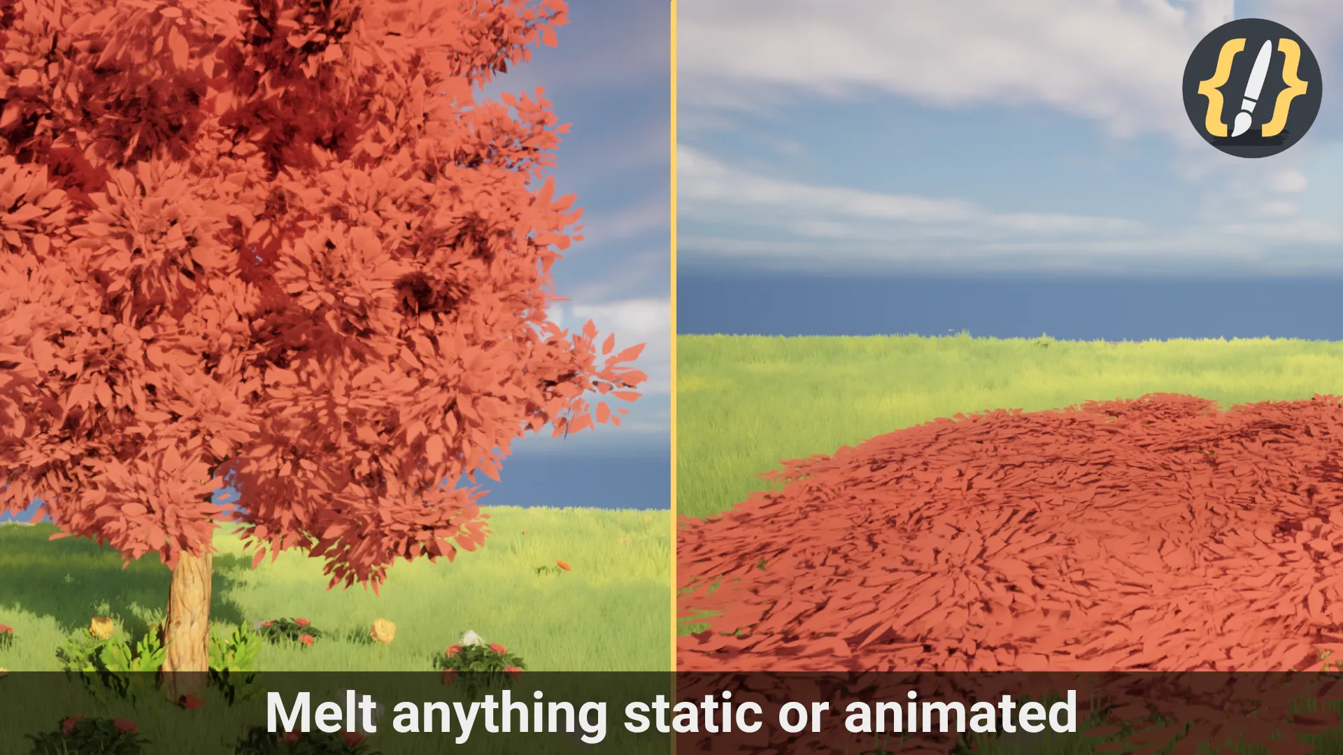 Before and after in Unreal Engine: a leafy tree standing, then melted into a spreading puddle of leaves with Spline Juice
