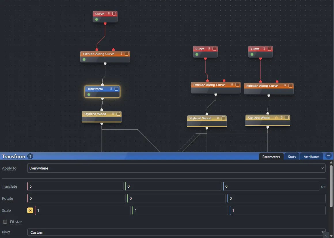 The Forge node editor: three branches of Curve, Extrude Along Curve and Stylized Wood nodes building a wooden sign, with the Transform node selected and its parameter panel open.