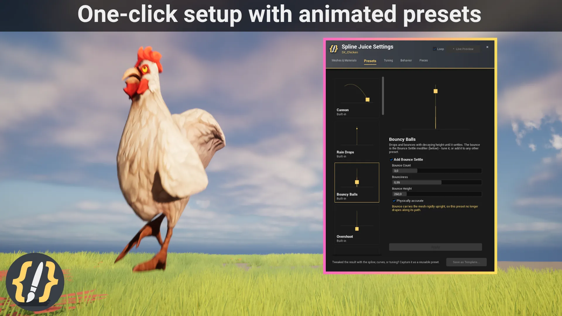 A chicken in Unreal Engine beside the Spline Juice Presets panel showing built-in animated presets such as Cannon, Rain Drops, and Bouncy Balls