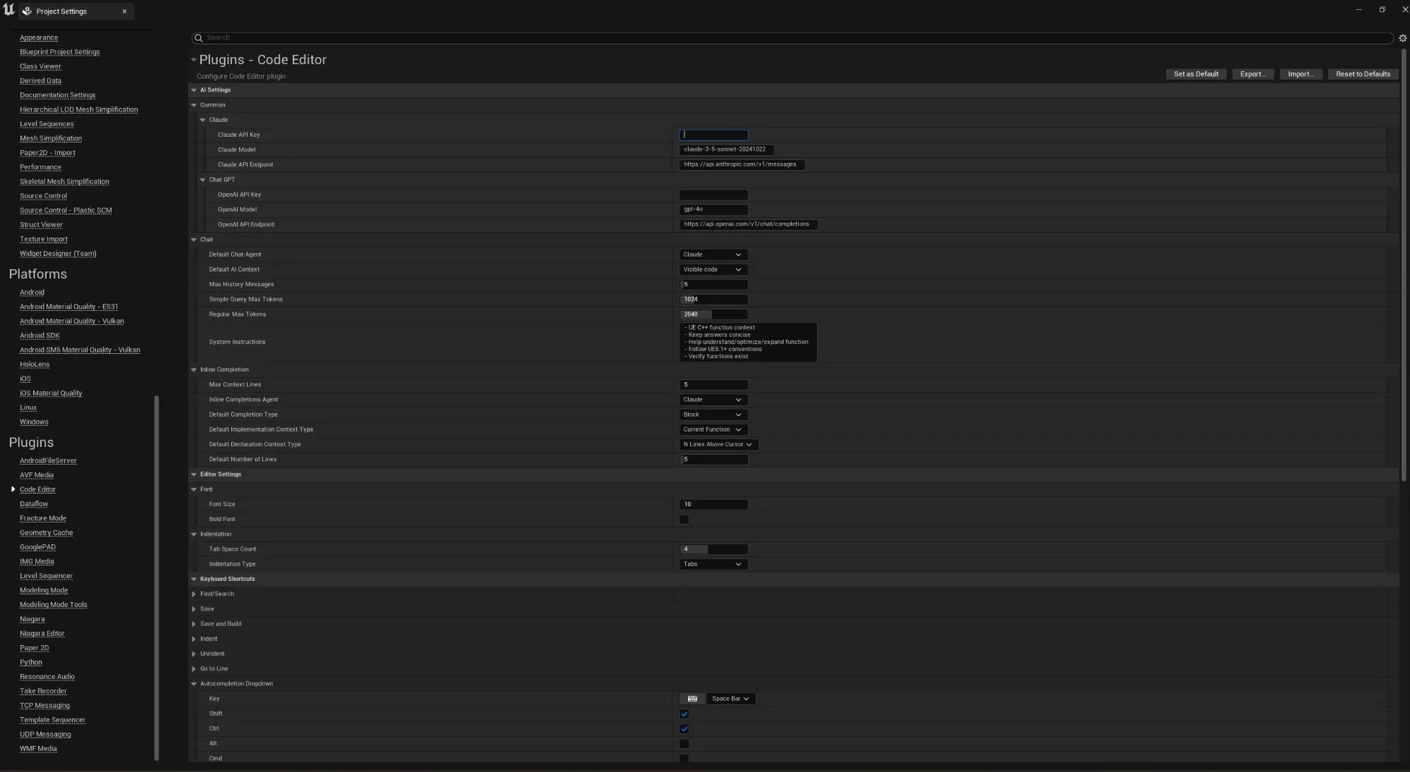 The Code Editor plugin settings under Project Settings, Plugins, Code Editor in Unreal Engine, showing nested AI Settings categories for Claude and ChatGPT keys, models and endpoints, chat options like Max History Messages and token limits, inline completion settings, font and indentation, and collapsible keyboard shortcut sections