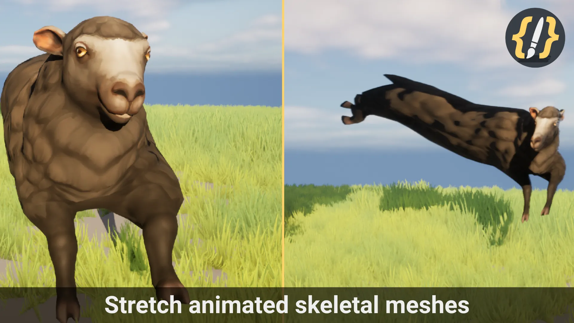 Before and after in Unreal Engine: an animated skeletal sheep at normal proportions, then stretched long along a spline with Spline Juice